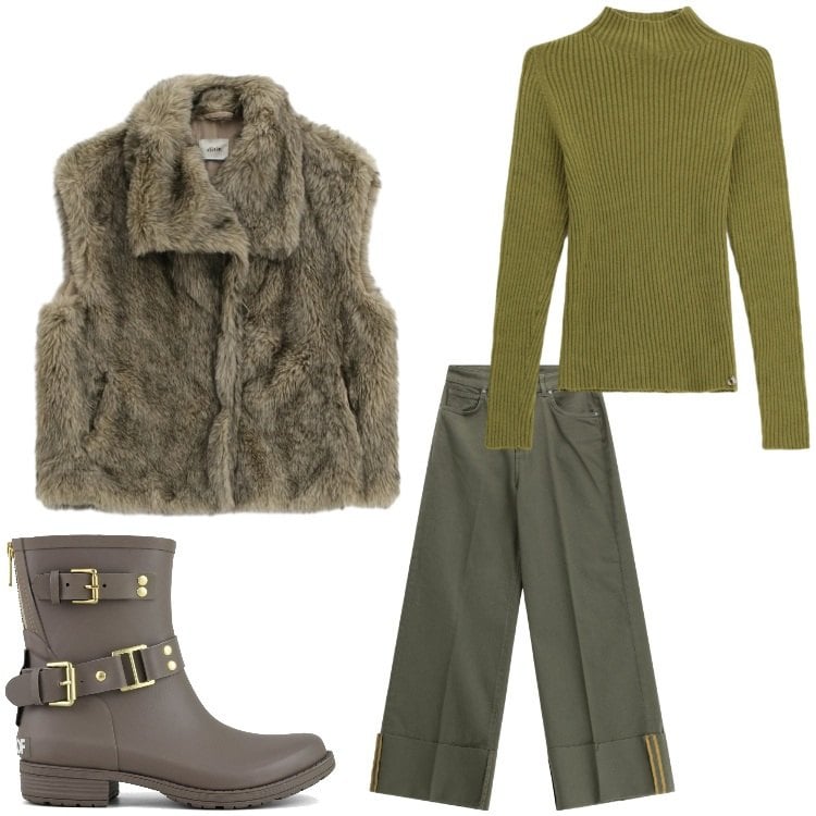Outfit donna - Antifreddo. Stile Casual per Tutti i giorni. Abbinamento con pantaloni a palazzo, camicie, maglieria, stivali.