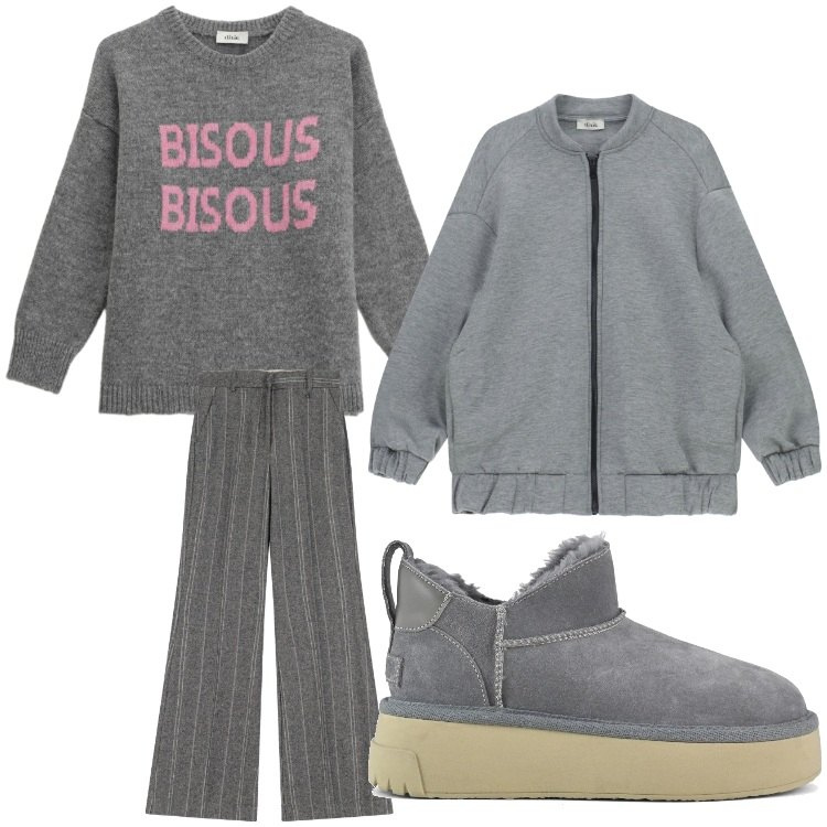 Outfit donna - Bisous bisous. Stile Casual per Tutti i giorni. Abbinamento con bomber, pantaloni, maglieria, stivali.