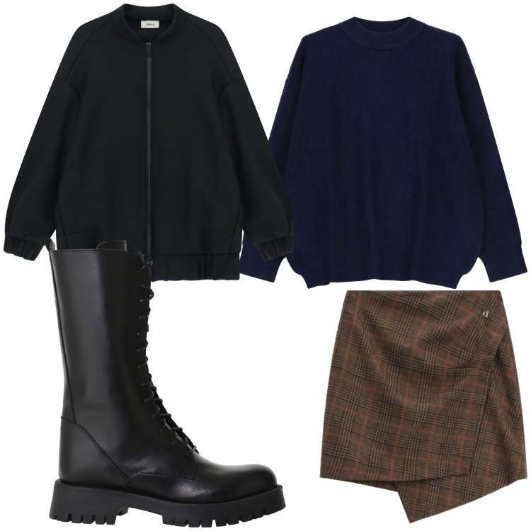 Outfit donna - Gonna e anfibi. Stile Casual chic per Tutti i giorni. Abbinamento con minigonne, maglieria, stivali, bomber.