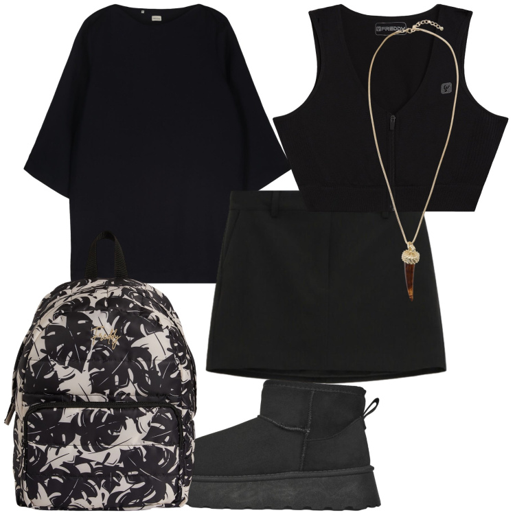 Outfit donna - W la fortuna dei saldi. Stile Casual per Tutti i giorni. Abbinamento con stivaletti, collane, minigonne, zaini, reggiseni, vestiti corti.