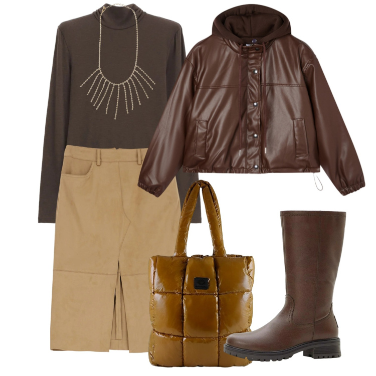 Outfit donna - Saldi chocolat. Stile Bon Ton per Tutti i giorni. Abbinamento con stivali, collane, giacche, gonne longuette, maglieria, shopping bag.