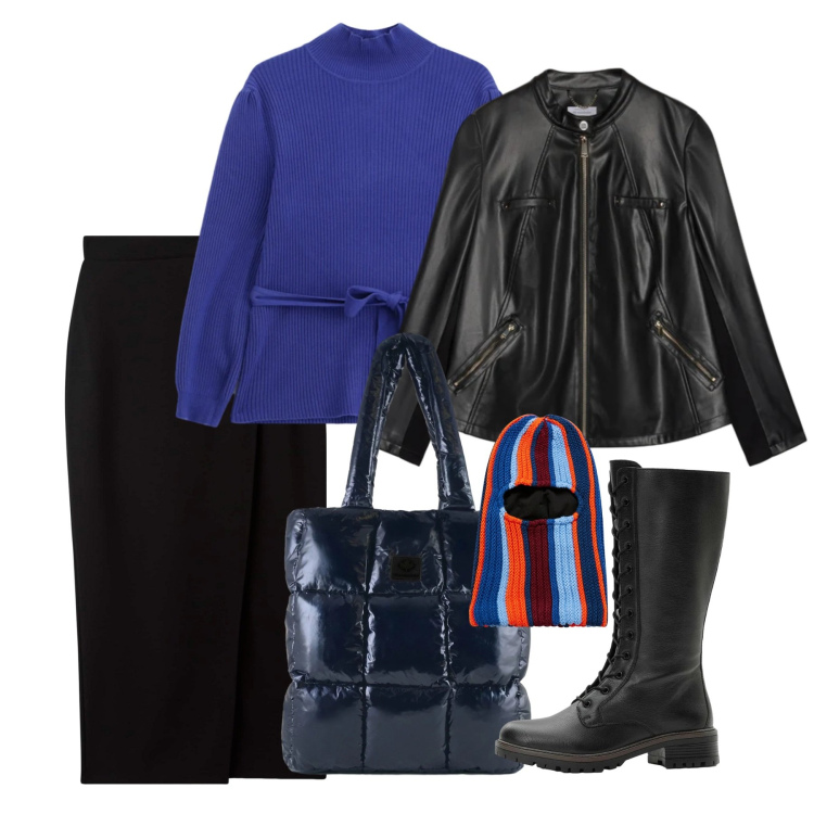 Outfit donna - Blue touch. Stile Chic per Ufficio. Abbinamento con stivali, gonne longuette, cappelli, maglieria, shopping bag, giacche.