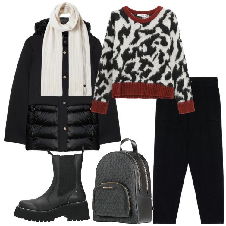 Outfit donna - Total look #2315527. Stile Casual chic per Tutti i giorni. Abbinamento con stivaletti, zaini, pullovers, sciarpe, piumini, pantaloni.