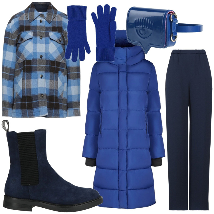 Outfit donna - Nel blu dipinto di blu. Stile Casual per Tutti i giorni. Abbinamento con stivaletti chelsea, pantaloni, camicie, guanti, marsupi, piumini.