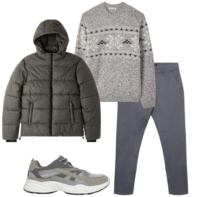 Outfit uomo - Tonalità di grigio. Stile Casual per Tutti i giorni. Abbinamento con sneakers, pantaloni chino, bomber, maglieria.