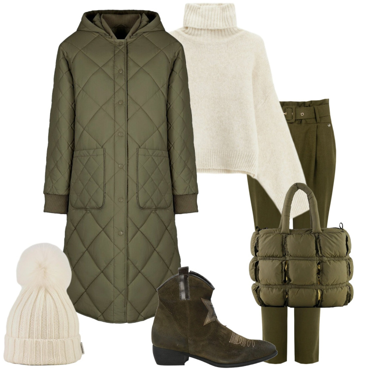 Outfit donna - Wrapped style. Stile Urban per Ufficio. Abbinamento con stivaletti texani, maglieria, piumini, berretti, borse a mano, pantaloni.