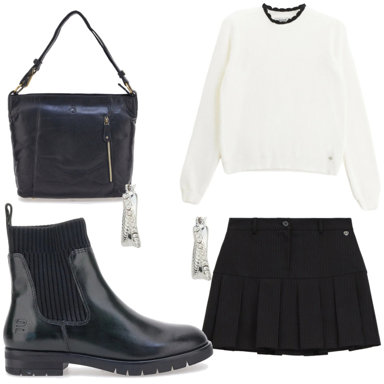 Outfit donna - Bianco e nero Please. Stile Basic per Tutti i giorni. Abbinamento con pullovers, minigonne, orecchini, stivaletti, borse a spalla.