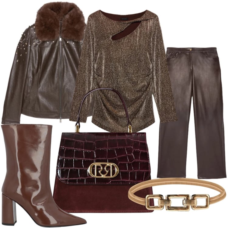 Outfit donna - Glam in marrone. Stile Glamour per Serata fuori. Abbinamento con stivaletti, cinture, borse a mano, pantaloni chino, bluse, giacche.