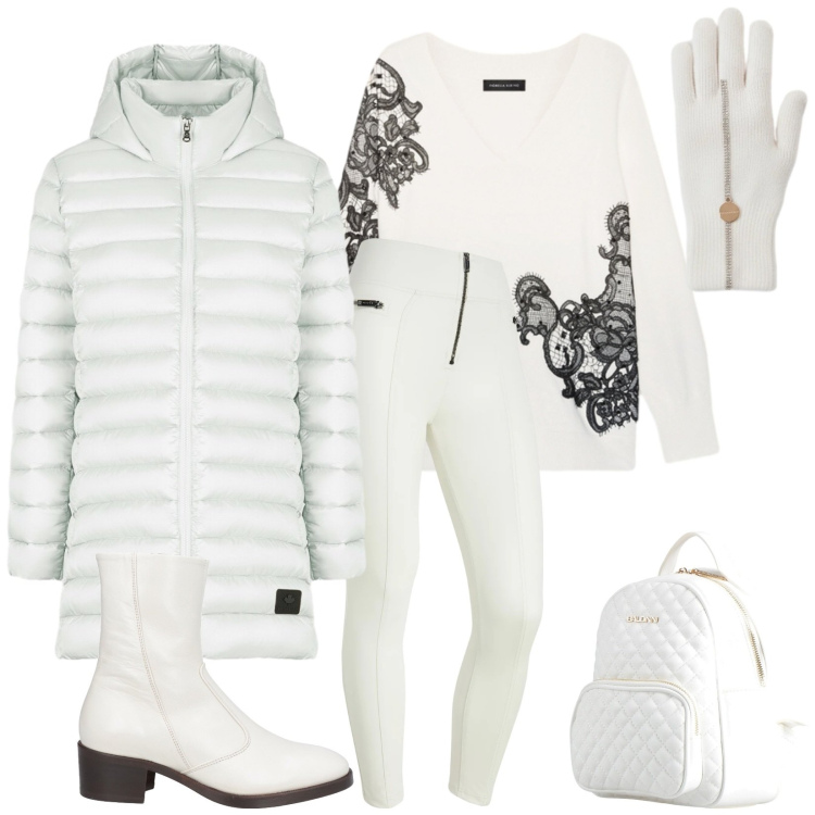 Outfit donna - Bianco neve. Stile Chic per Tutti i giorni. Abbinamento con stivaletti, zaini, pantaloni skinny, piumini, guanti, maglieria.