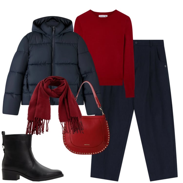 Outfit donna - Rosso e blu. Stile Basic per Tutti i giorni. Abbinamento con stivaletti, sciarpe, maglieria, bomber, pantaloni, borse a spalla.