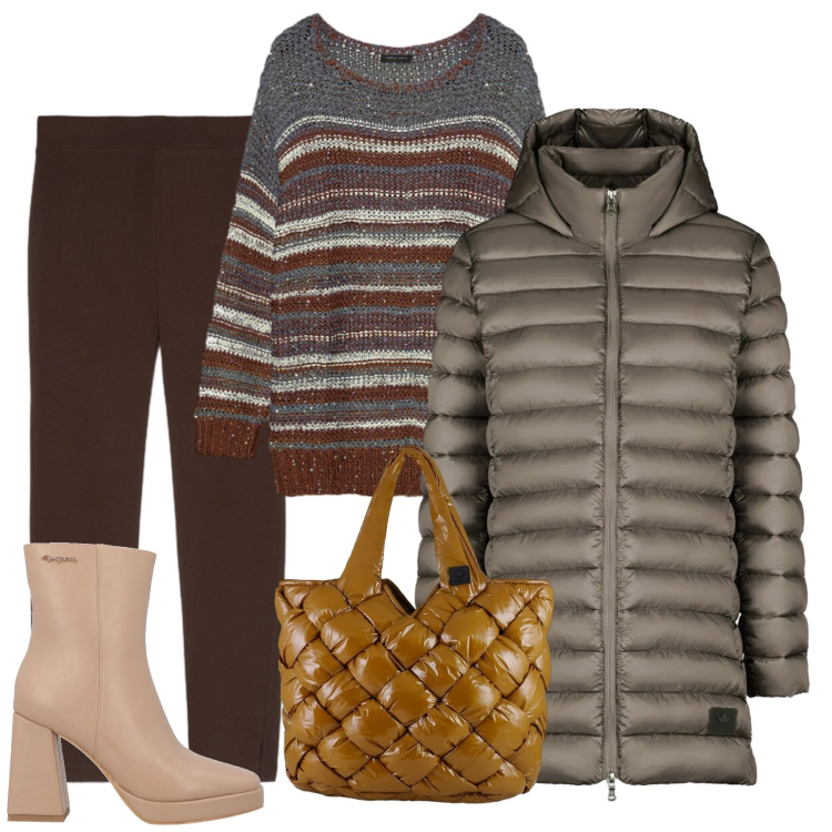 Outfit donna - Wrapped in Style. Stile Basic per Tutti i giorni. Abbinamento con stivaletti, piumini, borse tote, maglieria, leggings.