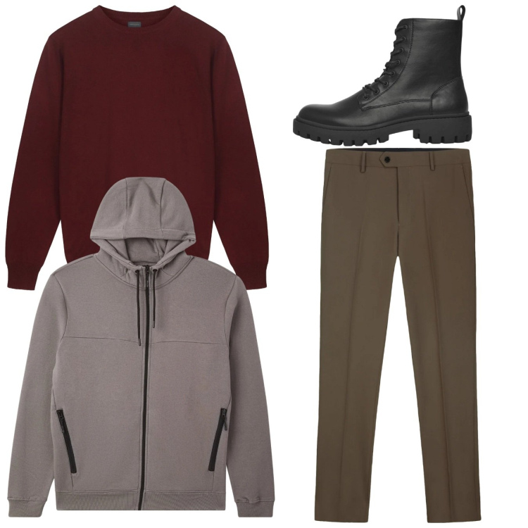 Outfit uomo - Total look. Stile Casual per Tutti i giorni. Abbinamento con anfibi, felpe con cappuccio, maglieria, pantaloni.