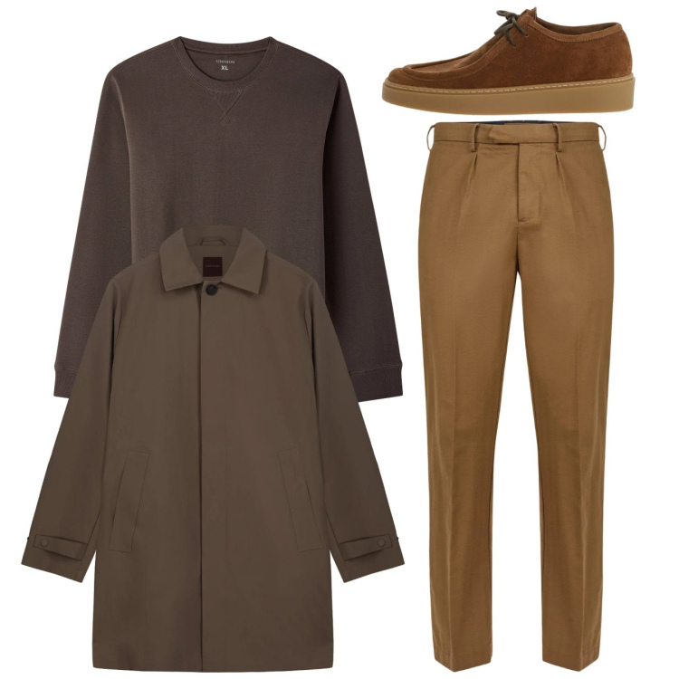 Outfit uomo - Total brown. Stile Casual per Tutti i giorni. Abbinamento con felpe, scarpe stringate, pantaloni, trench.