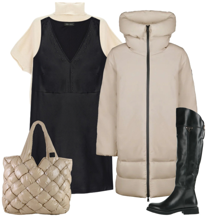 Outfit donna - Wrapped in Style. Stile Chic per Tutti i giorni. Abbinamento con stivali, maglieria, borse tote, cappotti, vestiti corti.