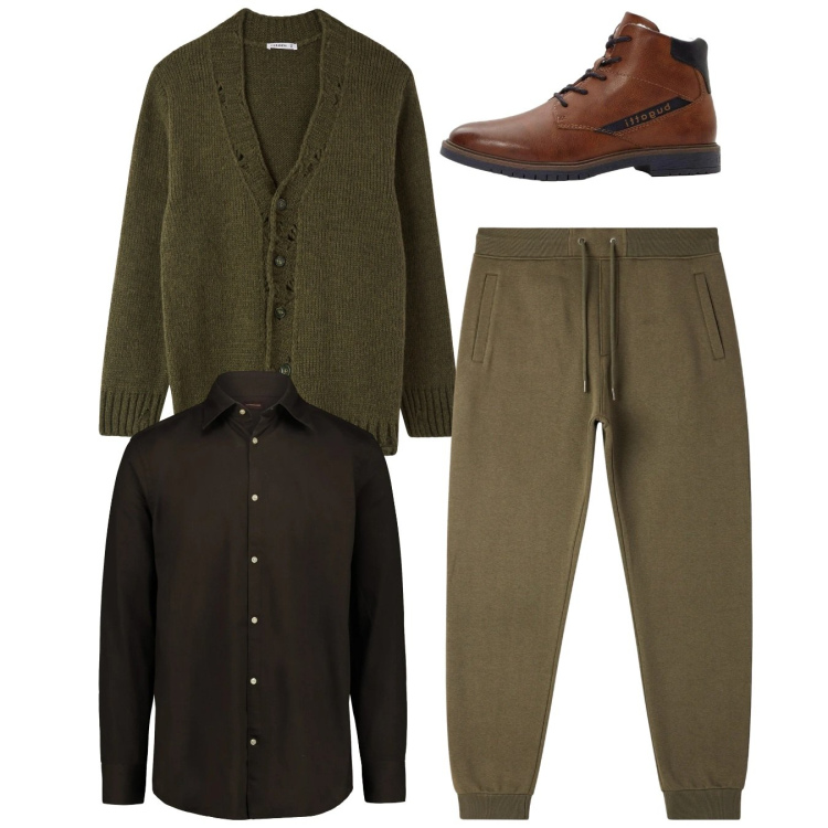 Outfit uomo - Total look. Stile Casual per Tutti i giorni. Abbinamento con anfibi, pantaloni, cardigans, camicie.