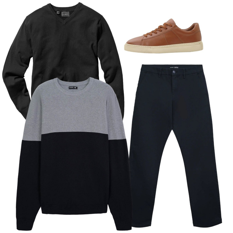 Outfit uomo - Total look. Stile Casual per Tutti i giorni. Abbinamento con sneakers, maglieria, pantaloni chino, maglieria.