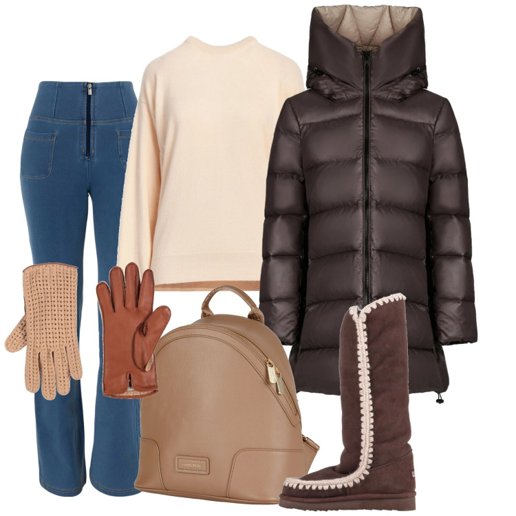 Outfit donna - Wrapped in Style. Stile Casual per Tutti i giorni. Abbinamento con zaini, guanti, pullovers, stivali da neve, jeans, cappotti.