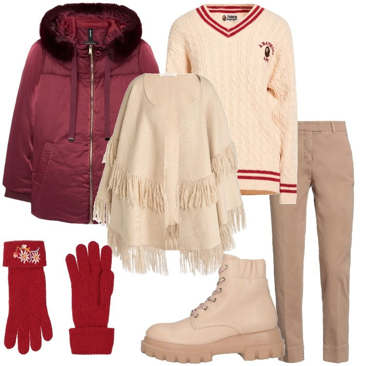 Outfit donna - Confortevole sotto la neve Curvy Style. Stile Casual per Tutti i giorni. Abbinamento con pantaloni skinny, stivaletti, pullovers, guanti, cappe, piumini.