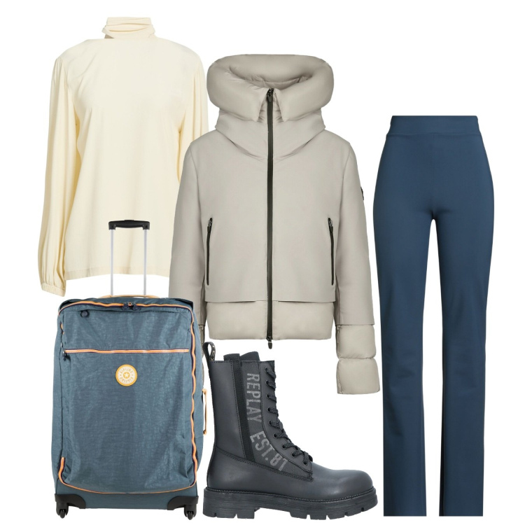 Outfit donna - Wrapped in Style. Stile Casual per Tutti i giorni. Abbinamento con valigie, anfibi, top, leggings, blazer.