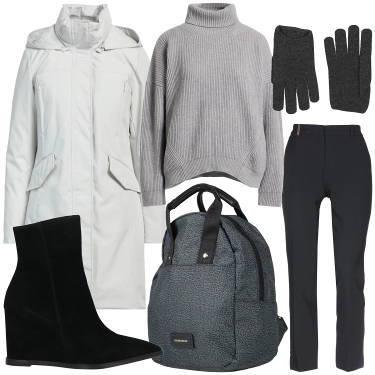 Outfit donna - Il fascino del knitwear oversize. Stile Casual per Scuola/Università. Abbinamento con parka, zaini, maglieria, stivaletti, pantaloni, guanti.