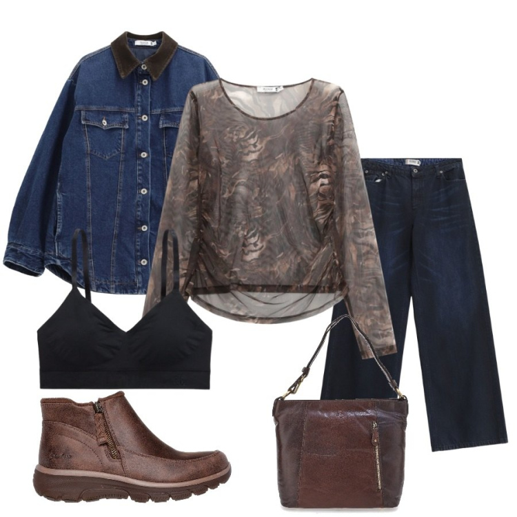 Outfit donna - Deep Denim Soul. Stile Urban per Tutti i giorni. Abbinamento con maglieria, jeans, blazer, reggiseni, stivaletti, borse a spalla.