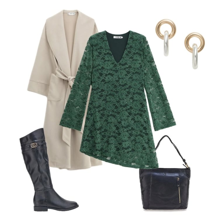 Outfit donna - Incanto verde. Stile Romantica per Tutti i giorni. Abbinamento con vestiti corti, cappotti, orecchini, stivali sopra il ginocchio, borse a spalla.