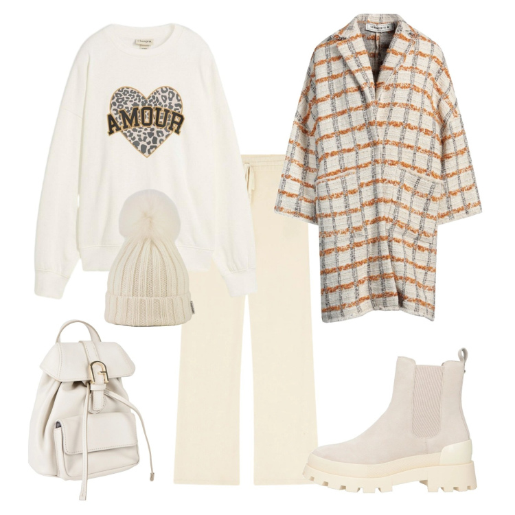 Outfit donna - Outfit avvolgente. Stile Casual per Tutti i giorni. Abbinamento con felpe, cappotti, stivaletti chelsea, zaini, pantaloni a palazzo, berretti.