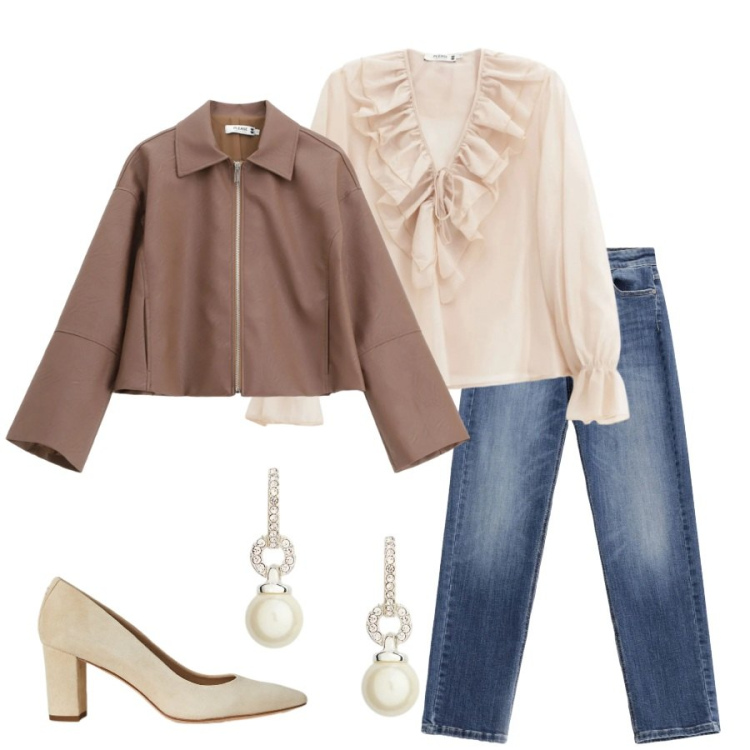 Outfit donna - Copper & Cream. Stile Rock per Tutti i giorni. Abbinamento con jeans, blazer, camicie, orecchini, décolleté.