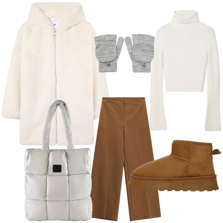 Outfit donna - Confortevole sotto la neve. Stile Chic per Scuola/Università. Abbinamento con cappotti, maglieria, guanti, stivali, pantaloni a palazzo, shopping bag.