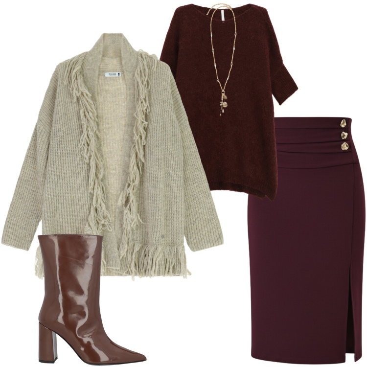 Outfit donna - Knitwear oversize. Stile Casual chic per Ufficio. Abbinamento con stivaletti, maglieria, gonne longuette, cardigans, ciondoli.