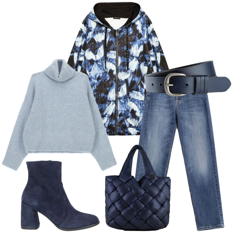 Outfit donna - Total look #2315614. Stile Casual chic per Tutti i giorni. Abbinamento con cinture, stivaletti, jeans, maglieria, borse tote, felpe con cappuccio.