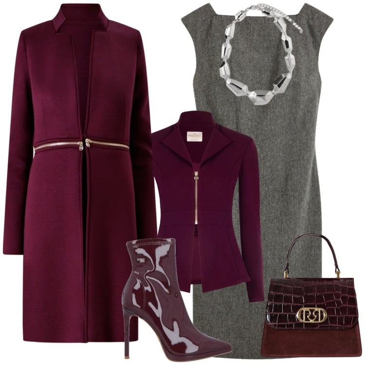 Outfit donna - Vino e grigio per eventi importanti. Stile Glamour per Cerimonia. Abbinamento con vestiti a tubino, stivaletti, cappotti, blazer, borse a mano, ciondoli.