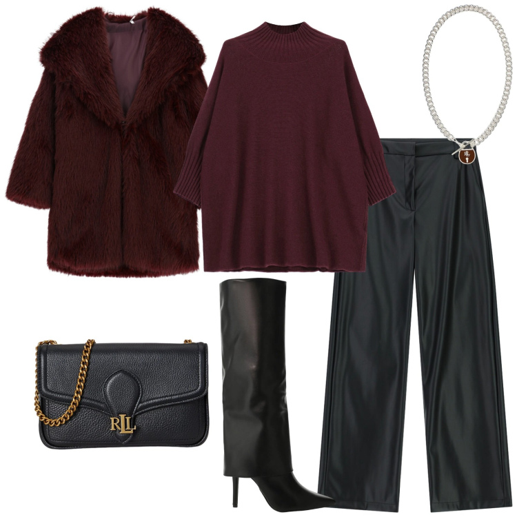 Outfit donna - Imperial - Saldi FW 2025. Stile Chic per Serata fuori. Abbinamento con maglieria, ecopellicce, pantaloni, stivali, ciondoli, clutch.