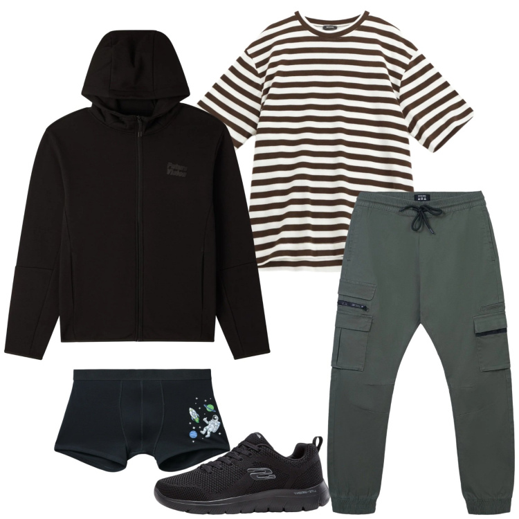 Outfit uomo - Total look #2315635. Stile Urban per Tutti i giorni. Abbinamento con sneakers, pantaloni cargo, boxer, felpe sportive, t-shirt.