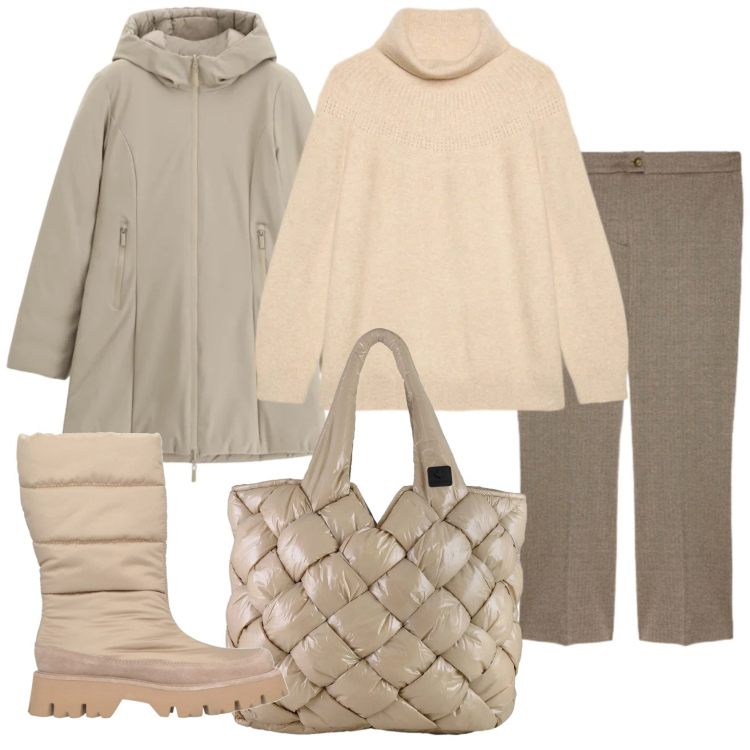 Outfit donna - Giornata di pioggia. Stile Casual chic per Tutti i giorni. Abbinamento con stivaletti, parka, borse tote, maglieria, pantaloni.