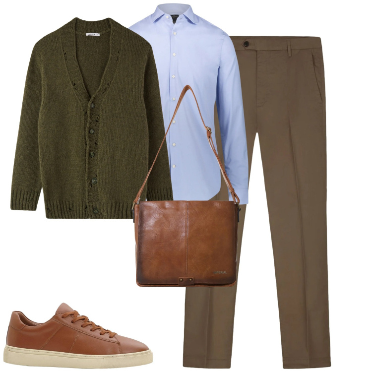 Outfit uomo - City. Stile Urban per Tutti i giorni. Abbinamento con sneakers, cardigans, borse sportive, camicie, pantaloni.