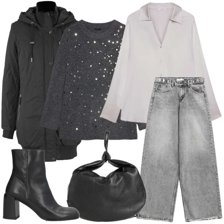 Outfit donna - Un grigio febbraio. Stile Casual chic per Tutti i giorni. Abbinamento con blazer, stivaletti, zaini, jeans, maglieria, camicie.