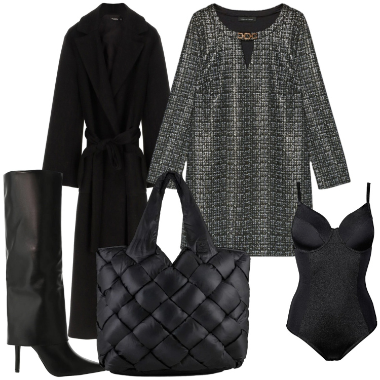 Outfit donna - Vestito corto per un invito. Stile Glamour per Serata fuori. Abbinamento con body, cappotti, stivali, borse tote, vestiti corti.