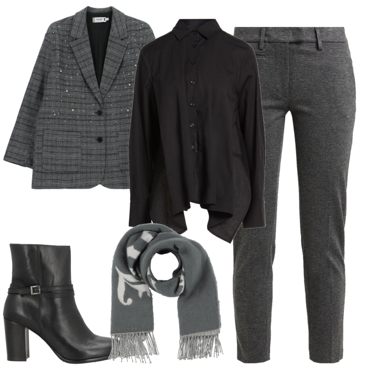Outfit donna - Total look #2315666. Stile Urban per Tutti i giorni. Abbinamento con pantaloni, camicie, stivaletti, sciarpe, blazer.