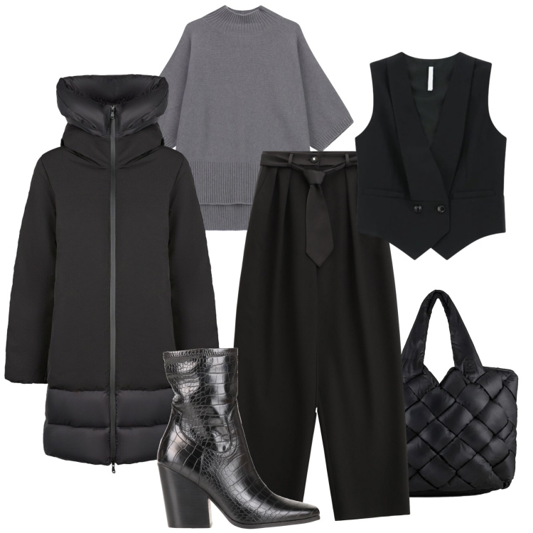 Outfit donna - Piumino di sera. Stile Casual chic per Serata fuori. Abbinamento con stivaletti, pantaloni, gilet, maglieria, borse tote, piumini.