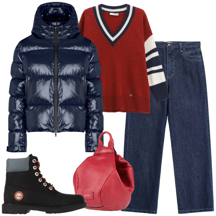 Outfit donna - Total look #2315668. Stile Casual per Tutti i giorni. Abbinamento con stivaletti, zaini, maglieria, jeans dritti, piumini.