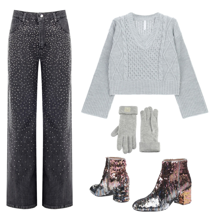 Outfit donna - Soft chic. Stile Trendy per Tutti i giorni. Abbinamento con stivaletti, jeans, maglieria, guanti.