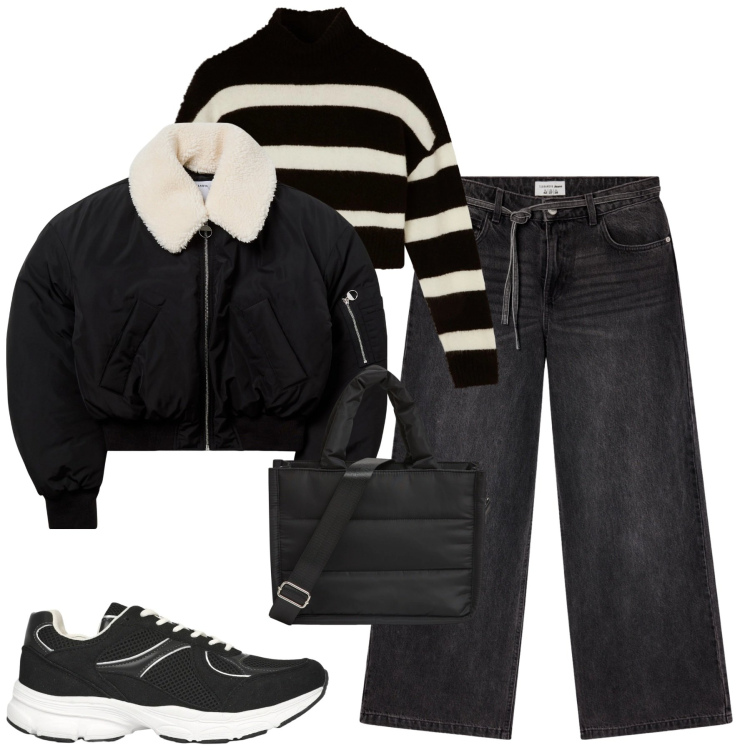 Outfit donna - Terranova. Stile Casual per Tutti i giorni. Abbinamento con shopping bag, jeans, maglieria, blazer, sneakers.