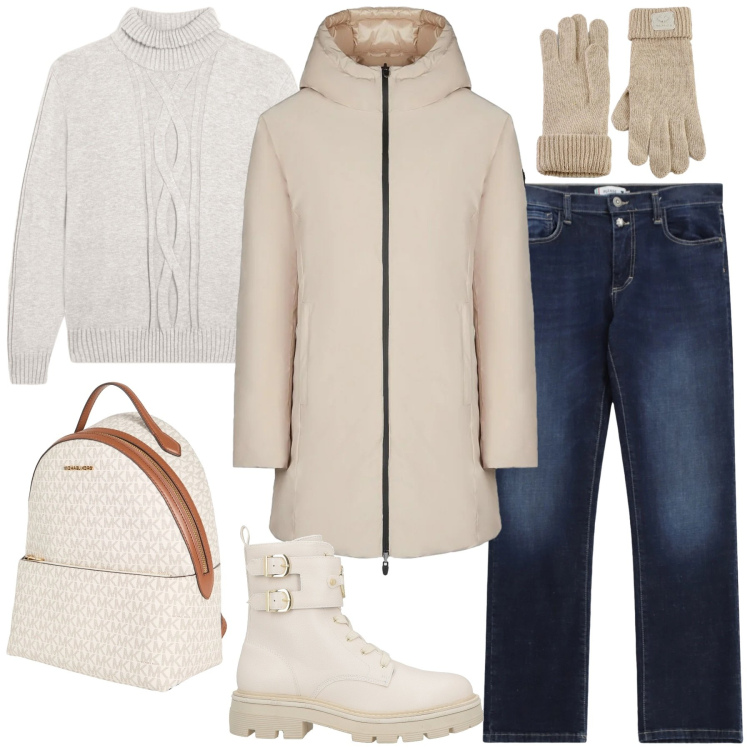 Outfit donna - Wrapped in Style. Stile Casual chic per Tutti i giorni. Abbinamento con anfibi, zaini, jeans dritti, maglieria, piumini, guanti.