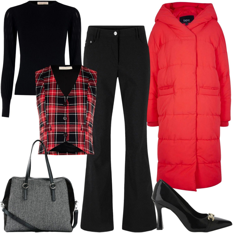 Outfit donna - Trendy 2026: il gilet scozzese. Stile Mannish per Ufficio. Abbinamento con piumini, pantaloni, borse a mano, décolleté, pullovers, gilet.