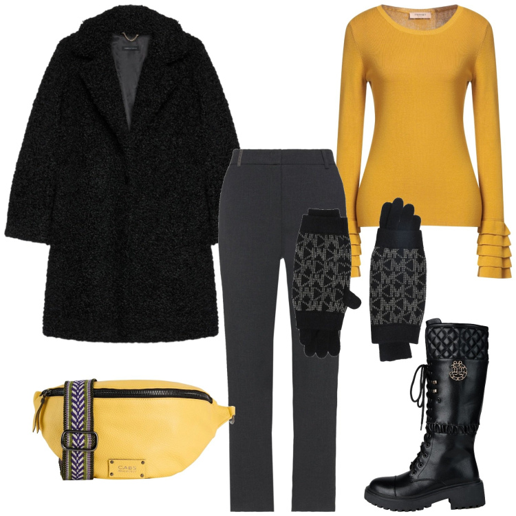 Outfit donna - Chic comoda. Stile Casual chic per Tutti i giorni. Abbinamento con stivali, marsupi, pullovers, guanti, pantaloni, cappotti.