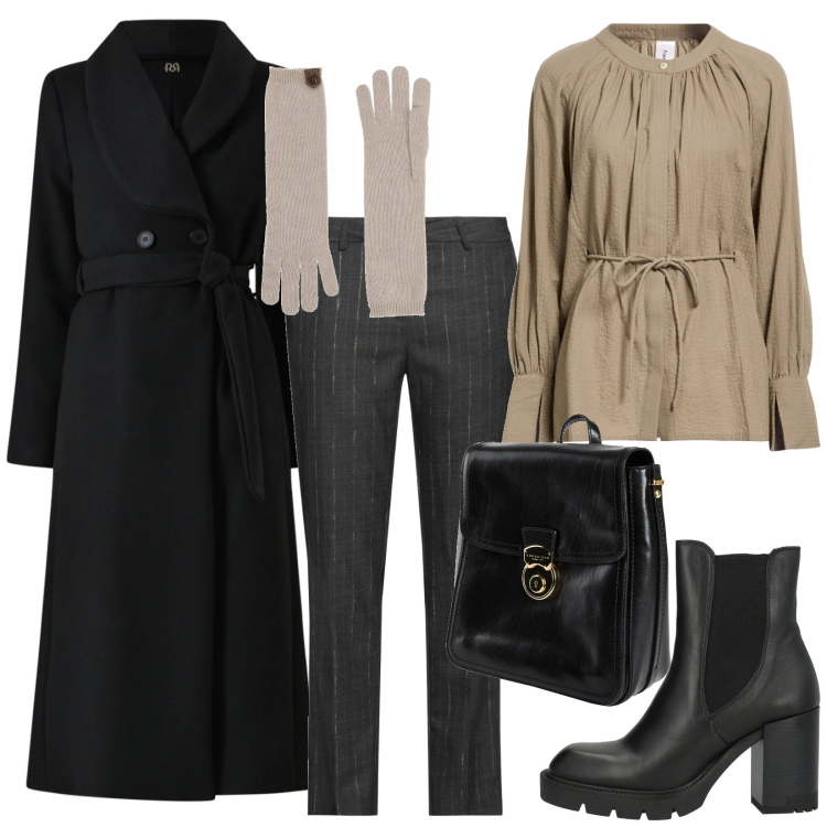 Outfit donna - Cappotto nero formale. Stile Trendy per Ufficio. Abbinamento con stivaletti chelsea, guanti, zaini, camicie, pantaloni, cappotti.
