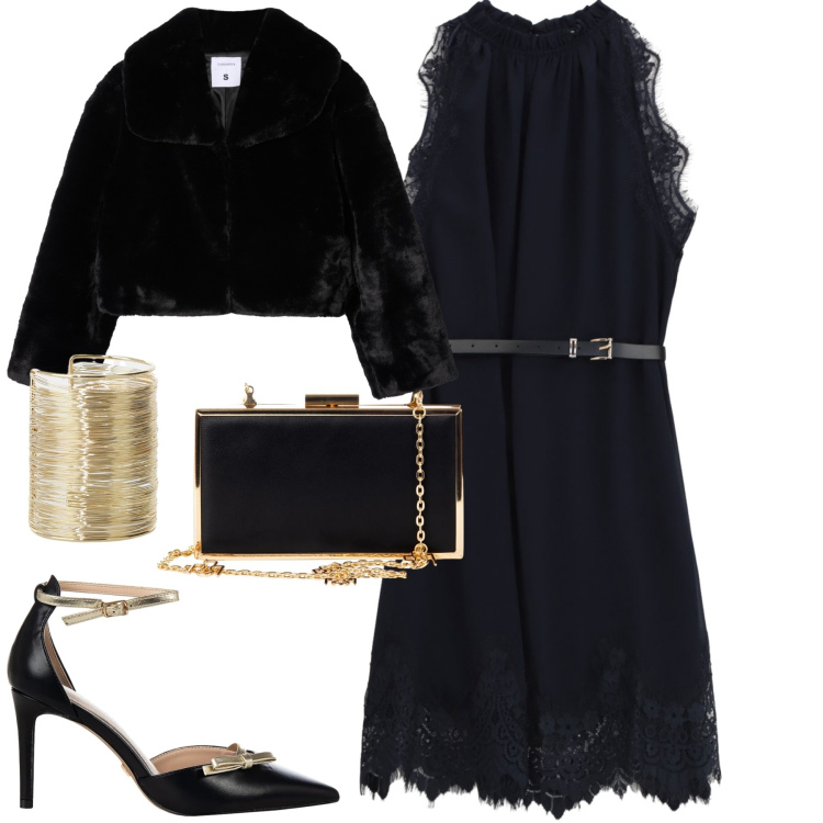 Outfit donna - Black. Stile Chic per Serata fuori. Abbinamento con ecopellicce, braccialetti, vestiti corti, décolleté, pochette.