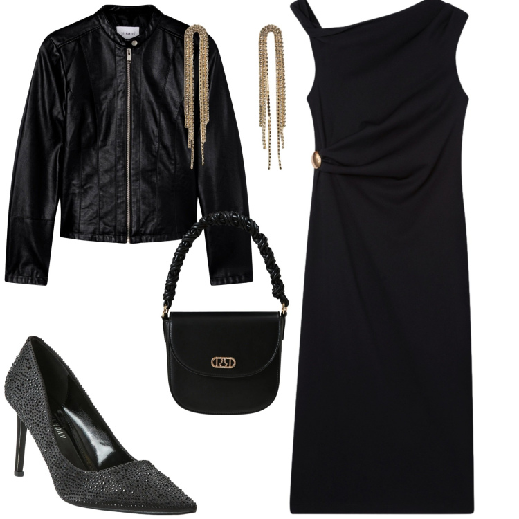 Outfit donna - Serata. Stile Trendy per Serata fuori. Abbinamento con vestiti asimmetrici, décolleté, giacche, orecchini, borse a mano.