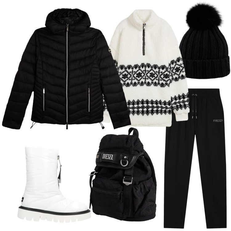 Outfit donna - Gennaio sulla neve. Stile Sporty chic per Tutti i giorni. Abbinamento con maglieria, stivaletti, zaini, pantaloni sportivi, piumini, berretti.
